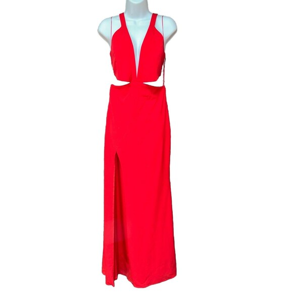 Michelle Mason Maxi Dress Women 10 Gown Halter Top Hook Slit Red V Neck Zip - Picture 4 of 16